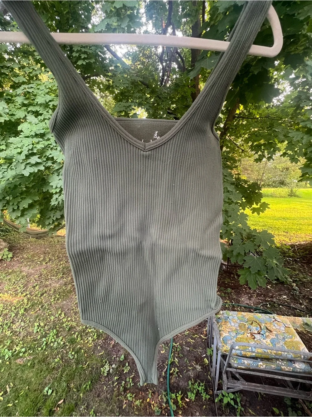 Free People Ribbed V-Neck Olive Green Bodysuit